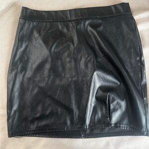 Black Faux Leather Mini Skirt with Slit – High Waisted Vegan Leather